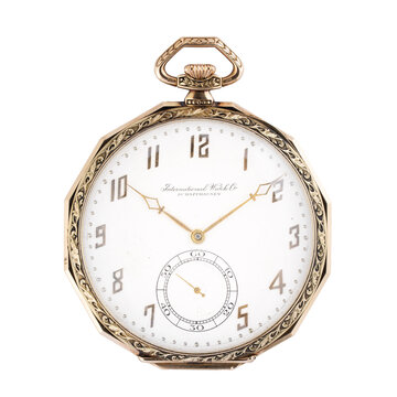 IWC hand-wound pocket watch, 1920s, 14kt yellow gold case with white dial. Milan, Italy, April 27, 2025