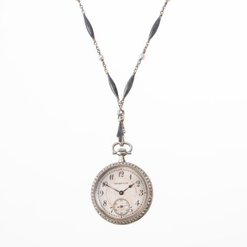 Vintage Pendentif pendant watch, 1940s, 18kt gold case with diamonds, pearls and enamel. Milan, Italy, August 23, 2025