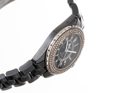 Chanel self-winding watch, model J12, ceramic case with black dial and steel bezel with diamonds. Milan, Italy, August 23, 2025