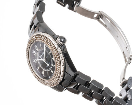 Chanel self-winding watch, model J12, ceramic case with black dial and steel bezel with diamonds. Milan, Italy, August 23, 2025
