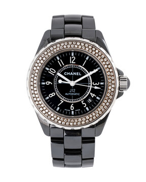 Chanel self-winding watch, model J12, ceramic case with black dial and steel bezel with diamonds. Milan, Italy, July 2, 2025