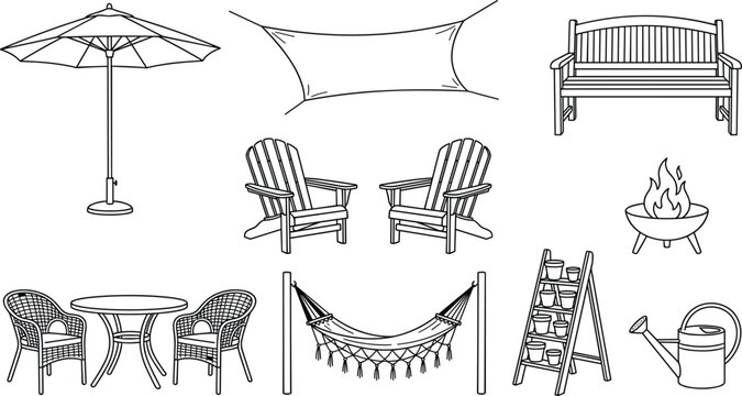 Outdoor Patio and Garden Furniture Icon Set with Backyard Relaxation Elements for Landscape Architecture and Home Decor Designs