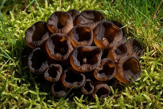 Cluster of Helvella acetabulum mushrooms grows on green moss, grass. Wild cup fungi with dark brown texture emerge from forest floor. Macro shot shows unique fungal shape in natural woodland habitat