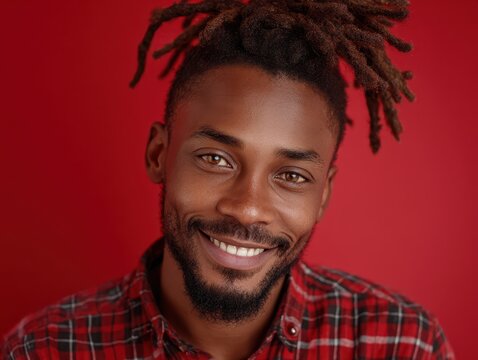 Smiling Black man with dreadlocks on red background