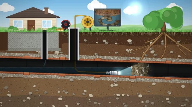 Sewer camera inspection finds tree roots and a clog in the drain pipe, hydro jetting clears it, plumbing 4K animation