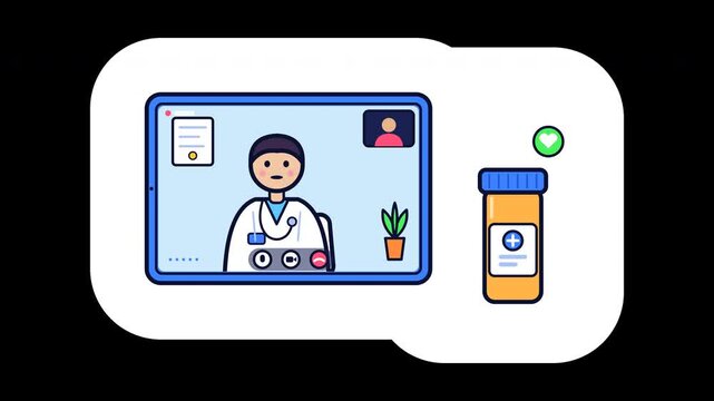 Bold sticker of a blue tablet showing a video call with a friendly cartoon doctor in a white coat with a stethoscope, a patient picture in picture window, a recording dot, audio bars and call buttons,