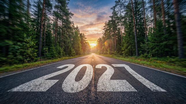 Carretera entre bosques con el n&uacute;mero 2027 pintado en el asfalto al amanecer. Concepto de nuevos comienzos, futuro, esperanza y oportunidades.