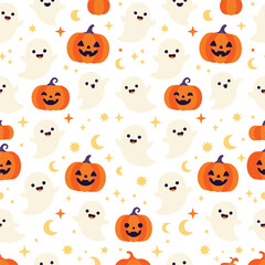 Fototapeta premium Seamless Halloween pattern with cute ghosts and orange pumpkins, spooky kids background vector illustration