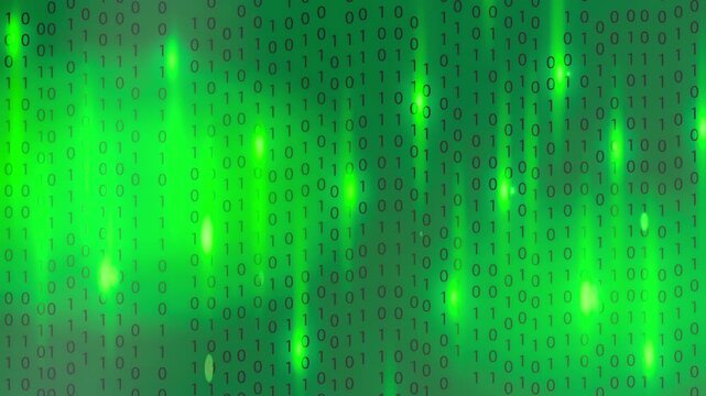Green digital code rain in a matrix inspired futuristic style. High-tech backdrop with glowing binary characters