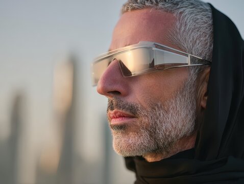Futuristic man wearing augmented reality visor in modern city