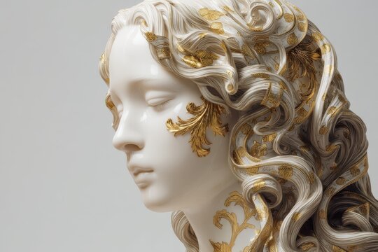 Ornate white porcelain bust with gold baroque details