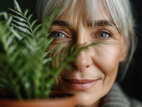 Mature silver-haired woman peeking through green fern leaves