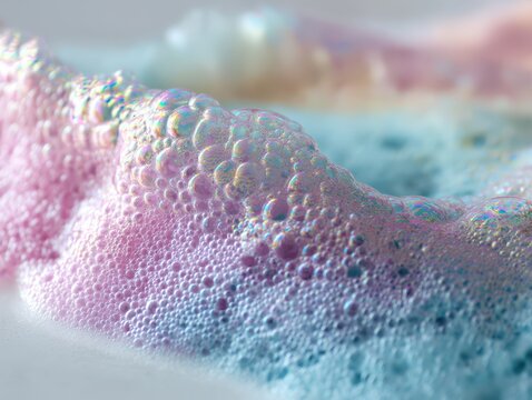 Pastel soap foam with iridescent bubbles in macro