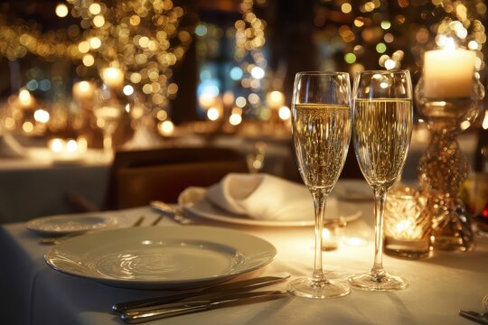 Romantic New Year's Eve dinner table with champagne glasses