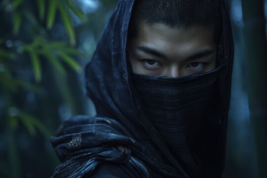 Masked shinobi warrior hiding in dark bamboo forest