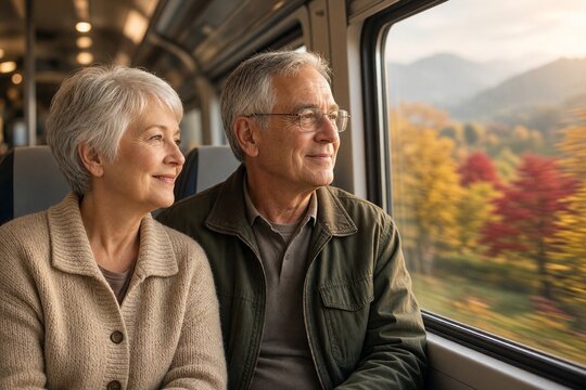 &Auml;lteres deutsches Ehepaar am Zugfenster mit Blick auf herbstliche Landschaft, Reise im Ruhestand 
