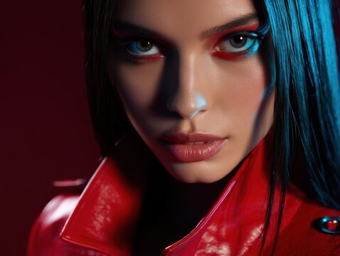 Woman in red leather jacket with dramatic red eye makeup