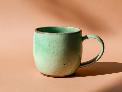 Minimal mint green ceramic mug on peach background