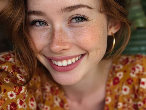 Smiling freckled red-haired woman in floral blouse