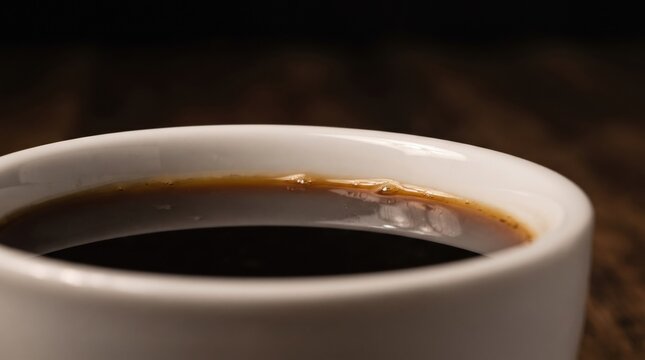 A close-up view of a white coffee cup filled with dark coffee, radiating warmth in a rustic setting.