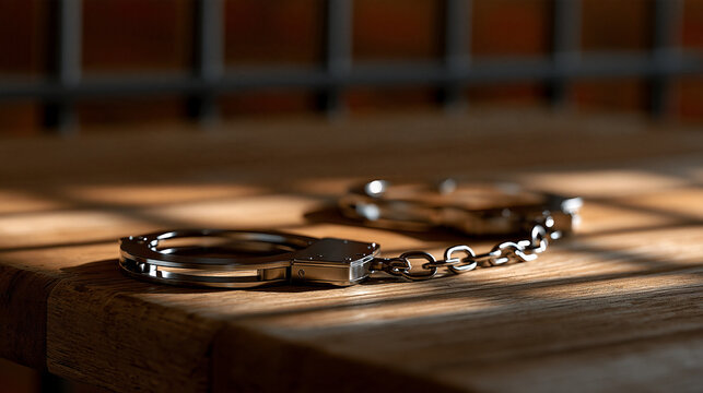 Metallic handcuffs lying on a rustic wooden table in a dimly lit prison cell. Symbolic image representing crime, justice, and loss of freedom.