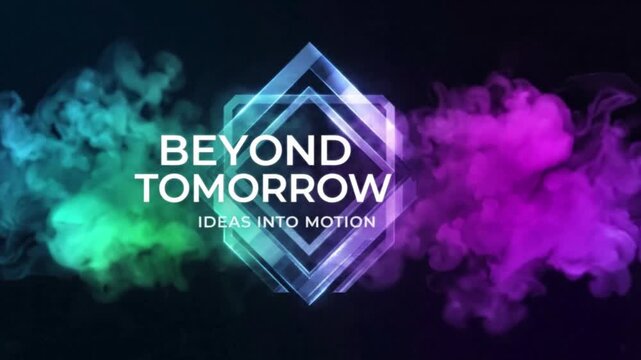 Colorful smoke swirls around a geometric shape displaying the text Beyond Tomorrow triangle neon typography future tomorrow abstract vapor cloud