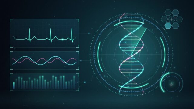 Futuristic DNA helix with medical data charts and interface