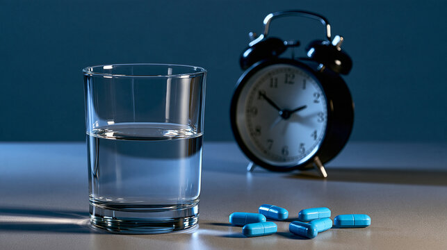 A glass of water, blue pills, and an alarm clock sit on a bedside table in dim night lighting. Insomnia and sleep disorder healthcare concept.