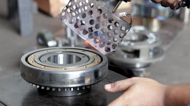 A mechanic heats a metallic bearing component using gas burner flame inside industrial workshop.