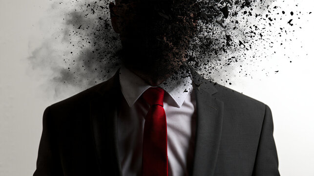 Businessman in a suit with his head disintegrating into black particles. Conceptual imagery for mental health, burnout, or loss of identity in business.