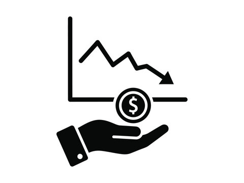 Financial loss vector icon, declining chart graph and money coin. Business decrease and economy crisis symbol
