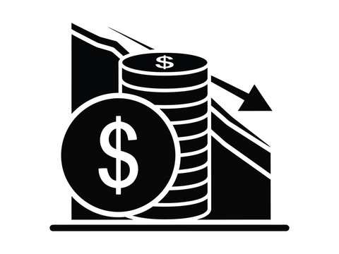 Financial loss vector icon, declining graph with stacks of coins and dollar sign, economy crisis symbol