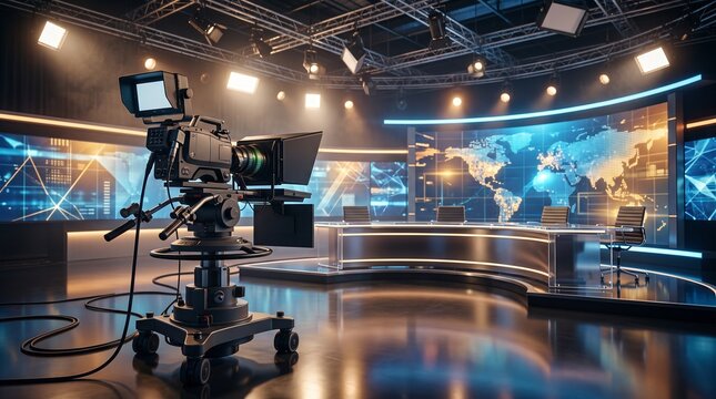 Professional television broadcast camera positioned on pedestal in modern television news studio depicting media production and broadcasting