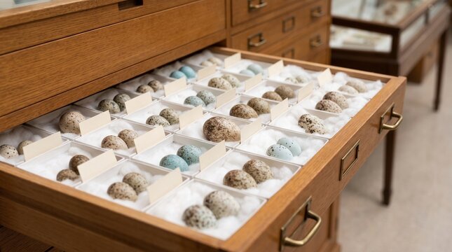 Assorted speckled bird eggs neatly organized in cotton lined museum display cabinet drawers highlighting oology collection and ornithology