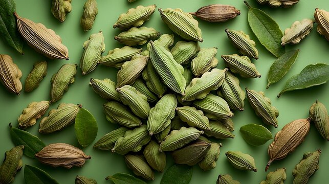 Green cardamom pods and leaves