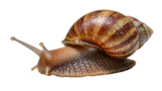 Brown striped garden snail with textured body, isolated on transparent background