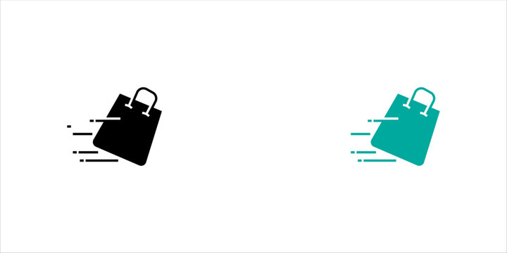 Minimal black outline icon set. of a shopping bag with a handle and horizontal motion lines, representing fast shopping, express delivery, retail services, and quick purchases.