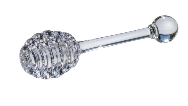 Clear glass honey dipper with ribbed head and spherical knob, isolated on transparent background