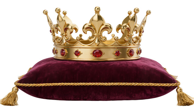 Golden crown with red jewels on velvet cushion, isolated on transparent background