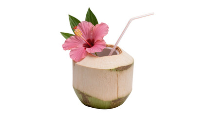 Fresh coconut drink with pink hibiscus flower and straw, isolated on transparent background © Aliona