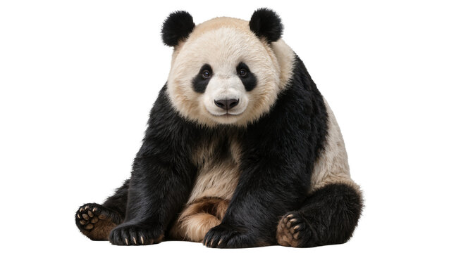 Fluffy giant panda bear sitting, isolated on transparent background