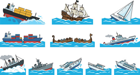 Sinking Ships and Boats Vector Set with Cargo Ship Pirate Vessel Yacht and Submerged Vessels in Ocean Waves © Shasa icon studio