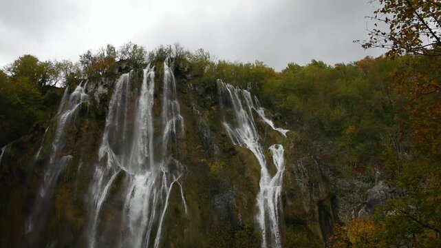 Impressive waterfall flowing in Plitvice Lakes National Park, Croatia