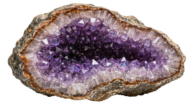 Rough amethyst geode with sparkling purple crystals, isolated on transparent background