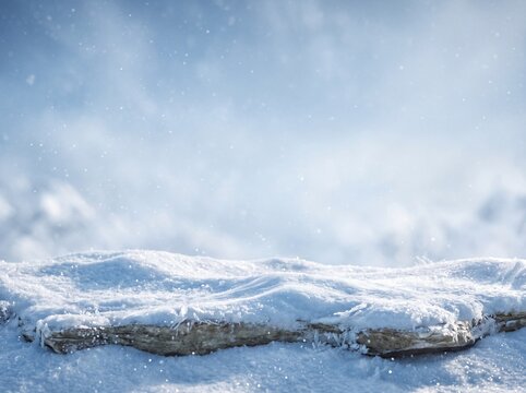 Snowy rock pedestal podium in winter landscape