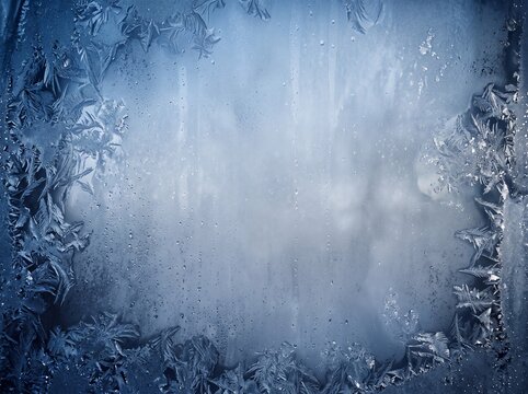 Frozen frosted window pane with ice crystal patterns