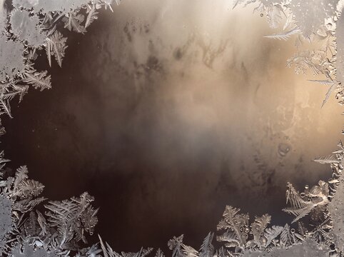 Dark frosted window frame with detailed ice crystals