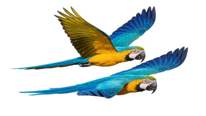 Two blue and yellow macaws flying in formation, isolated on transparent background © Aliona