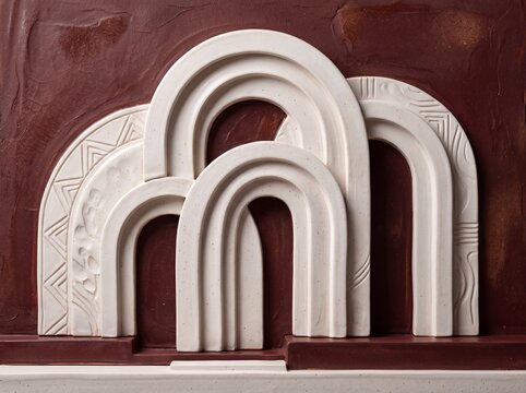 Minimalist terracotta wall relief with white arches