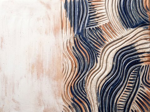 Sculpted ceramic tile with blue and copper wave patterns